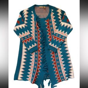 Wrangler Southwestern Teal  Fringe Aztec Ranch Style Cardigan Cowgirl Women XXL